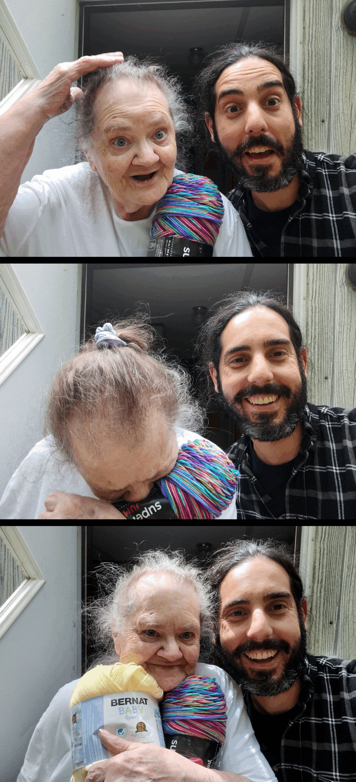 A comic of three images. Two people joking around and looking at camera.